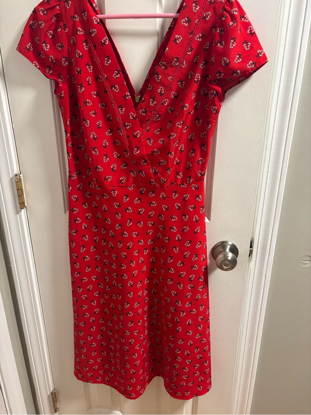 Draper James Red Floral V-Neck Midi Dress Ladder Lace Trim Size 2